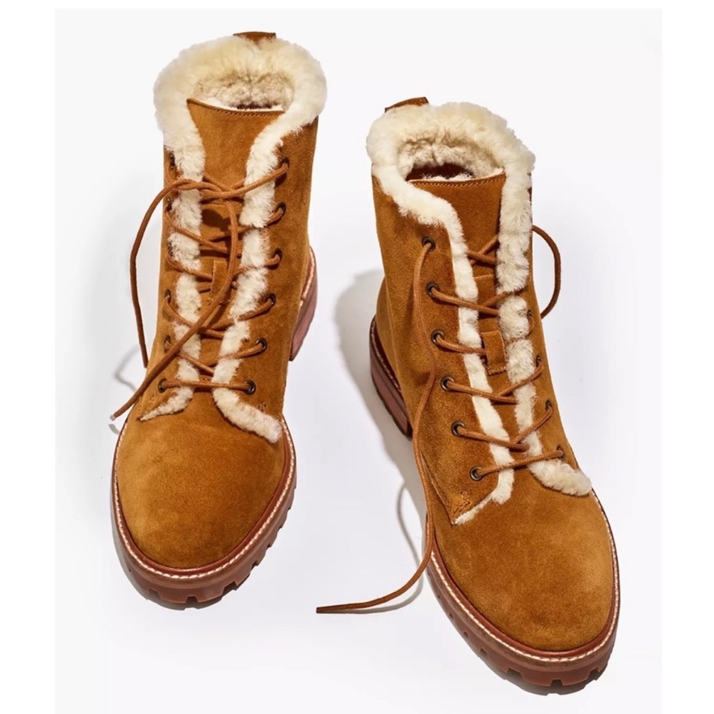 Madewell Clair Lace-Up Boots in Suede and Shearling Equestrian Brown Size 5.5